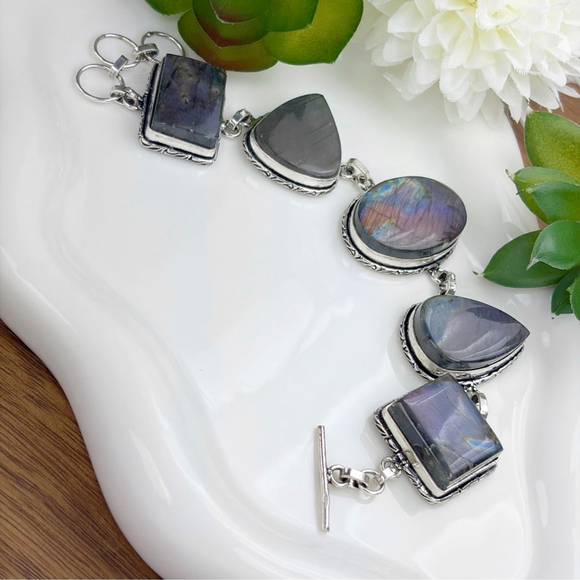 Natural Purple Labradorite Chunky Bracelet Boho New 925 Sterling Silver Overlay - Picture 9 of 11